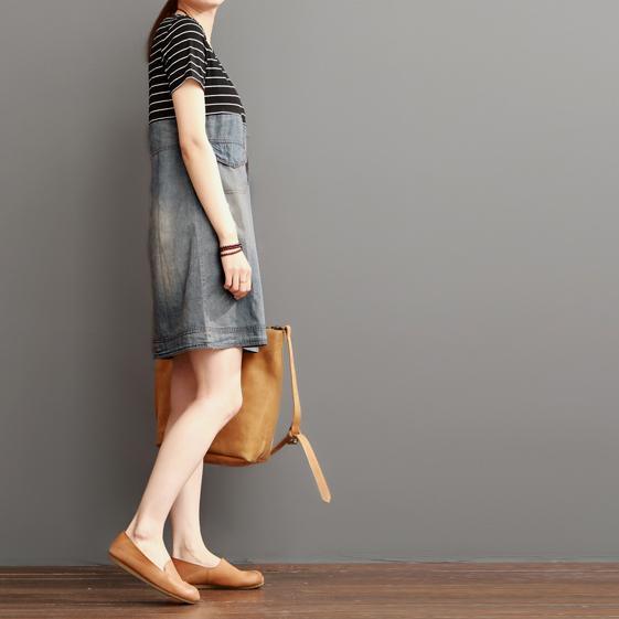 Blue short summer denim dress strip patchwork