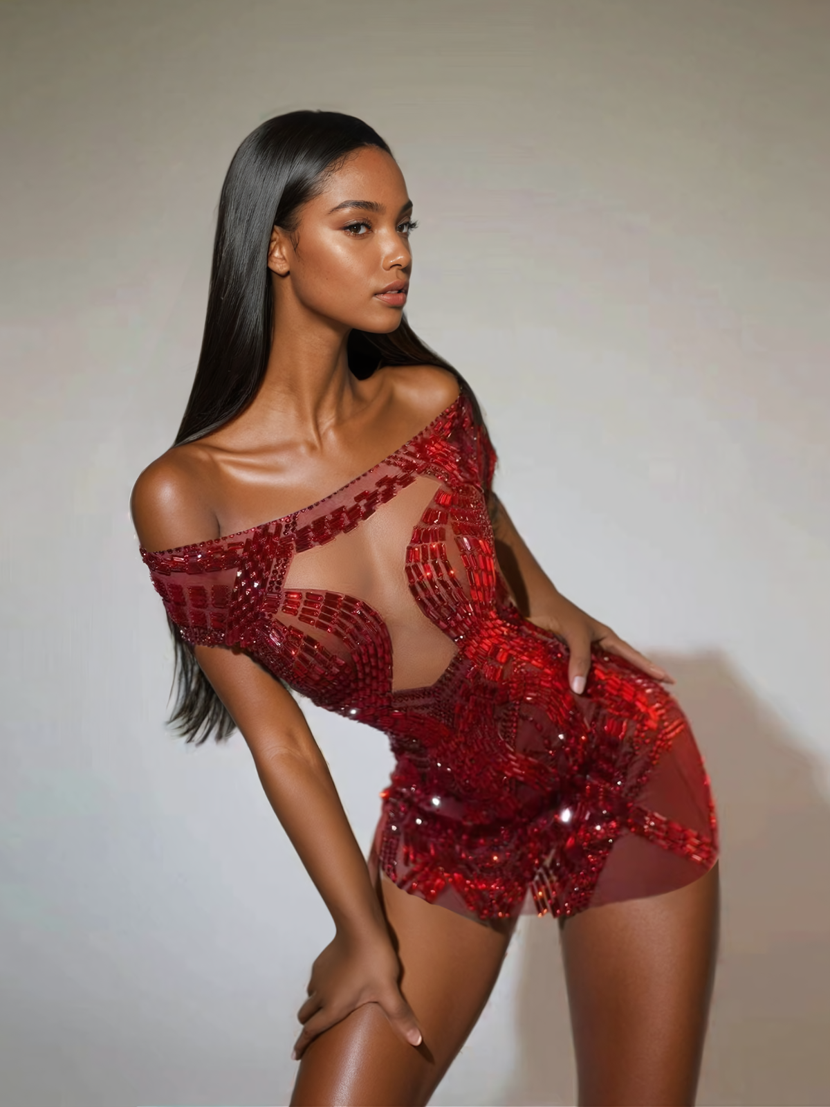 Off Shoulder Rhinestone Mini Dress In Red