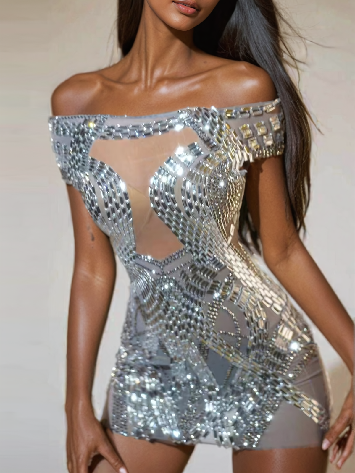 Off Shoulder Rhinestone Mini Dress In Silver