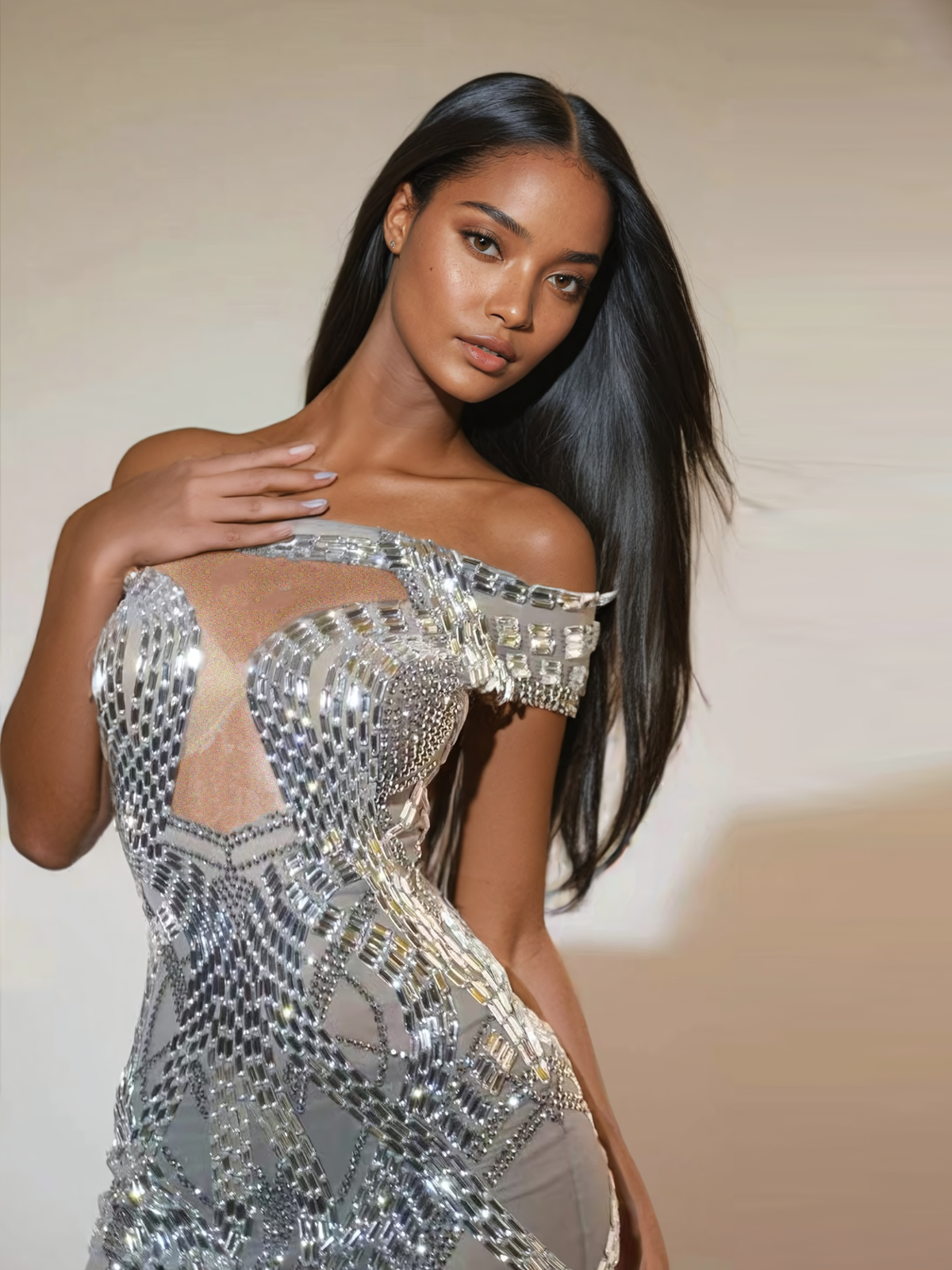 Off Shoulder Rhinestone Mini Dress In Silver