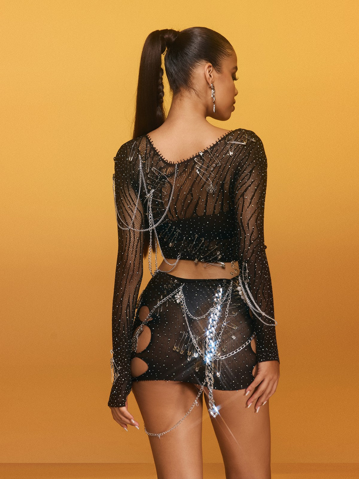 Cutout Chain Rhinestone Skirt Set