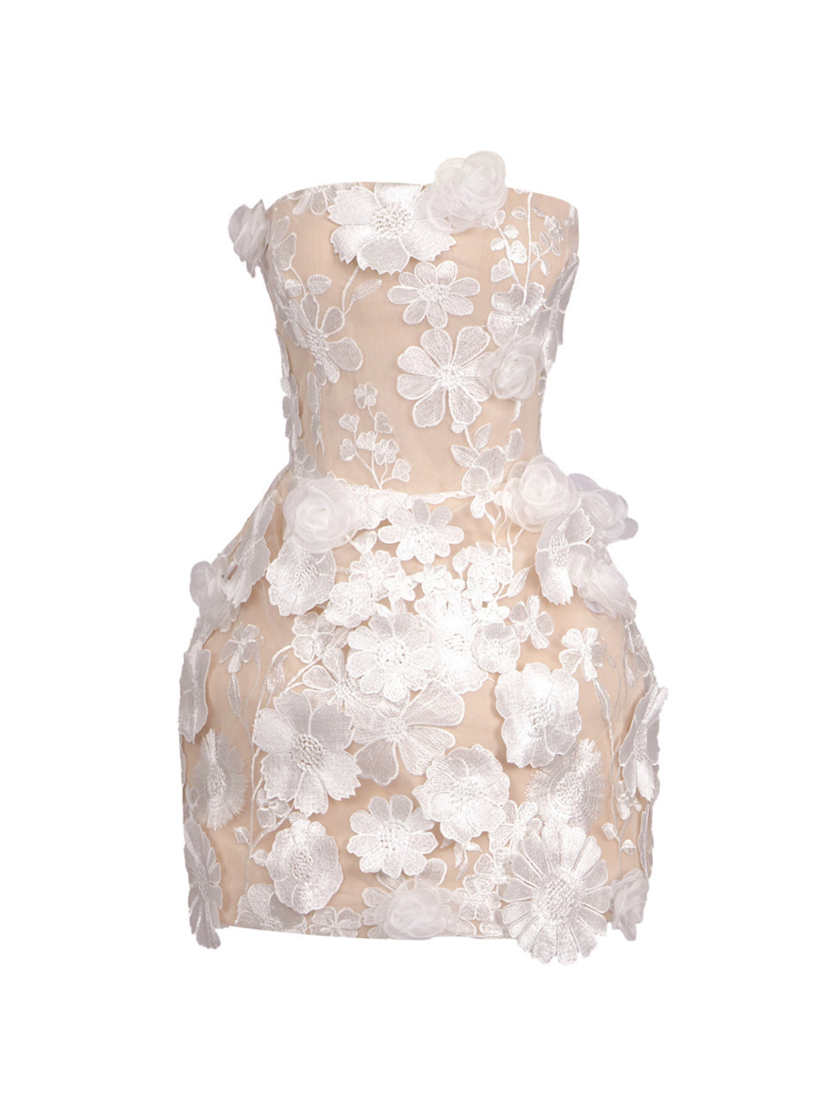 Strapless Flower Embroidered Mini Dress In White