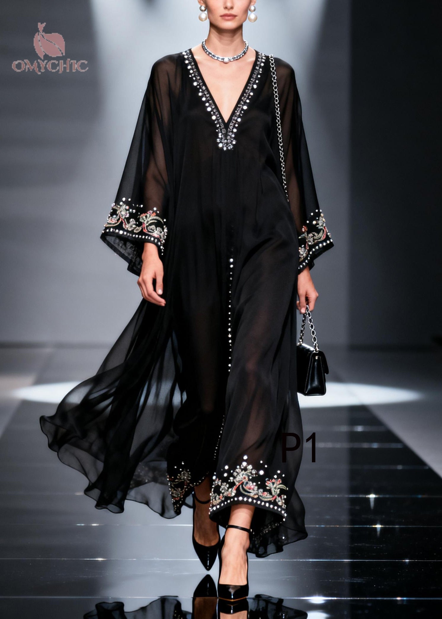 Bohemian Black Oversized Fine Pearl Chiffon Party Dress Summer