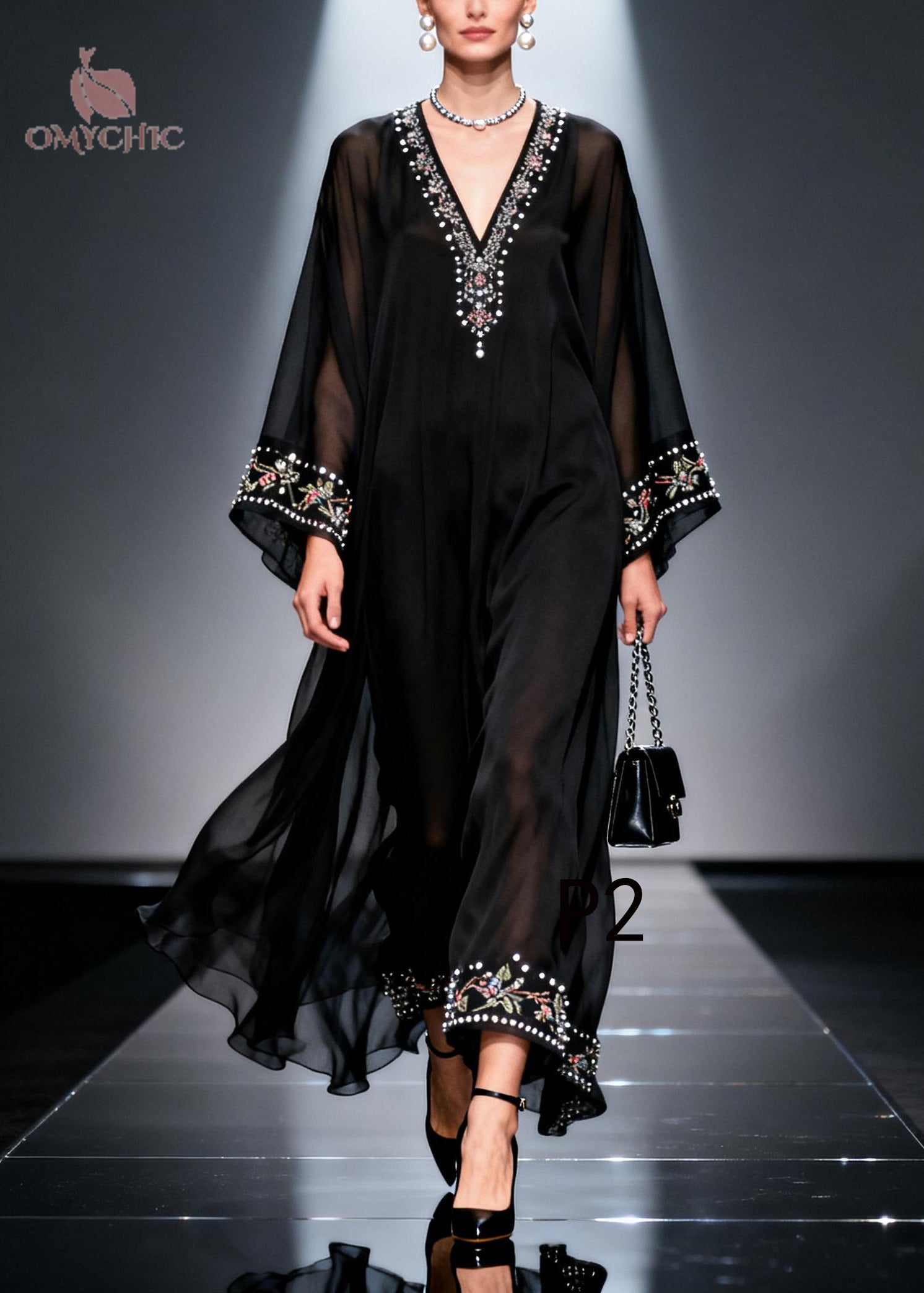Bohemian Black Oversized Fine Pearl Chiffon Party Dress Summer