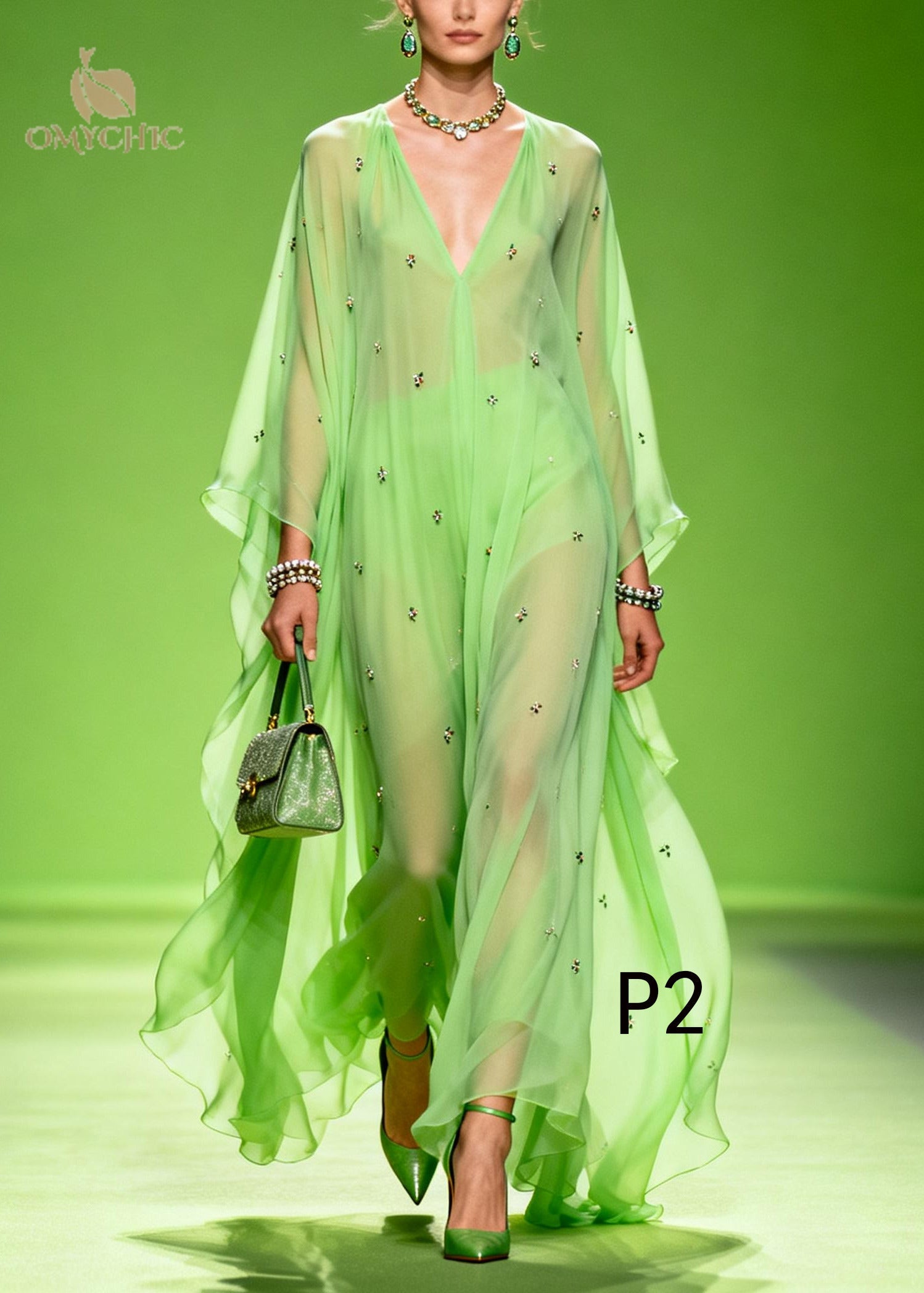 Bohemian Grass Green Oversized Print Chiffon Robe Dresses Summer