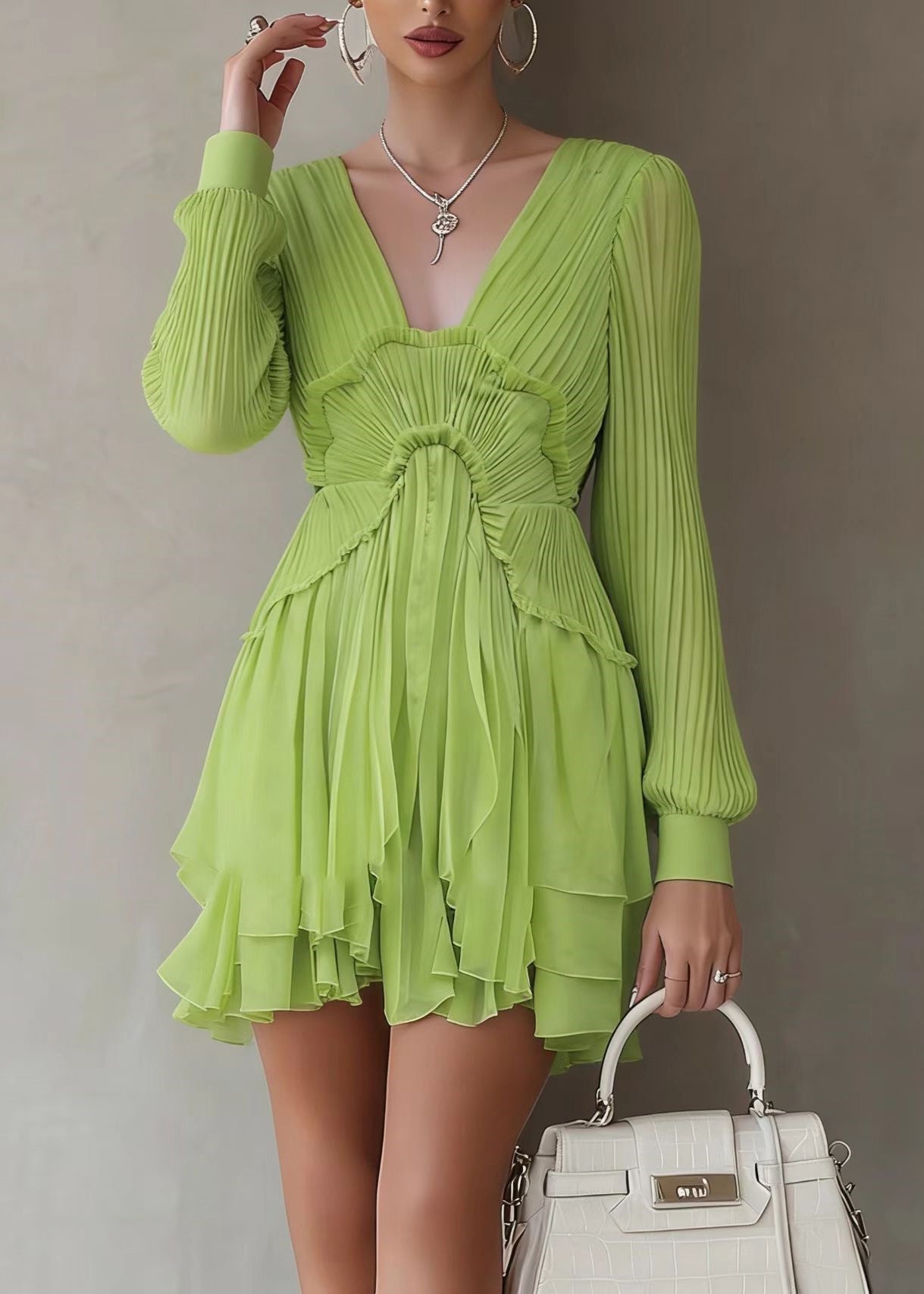 Bohemian Green Patchwork Wrinkled Solid Mid Dresses Lantern Sleeve