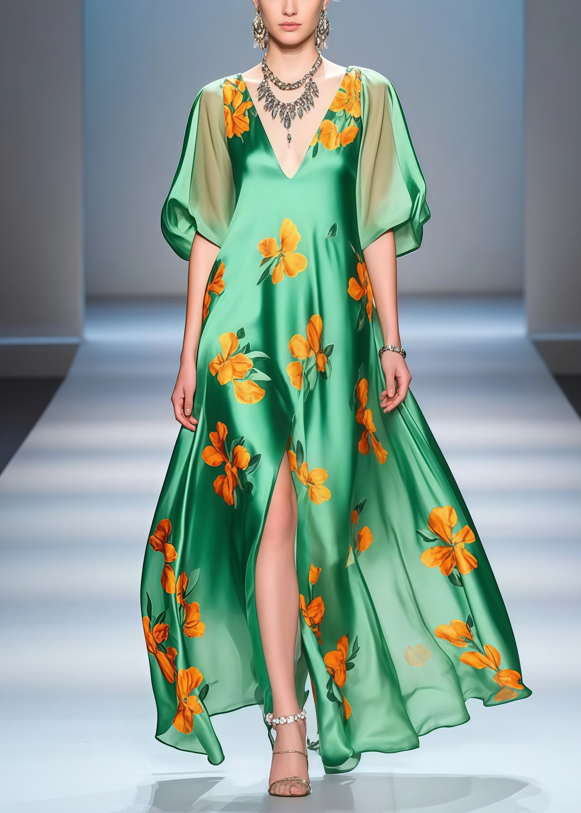 Bohemian Green Print Side Open Draping Silk Party Dress Summer
