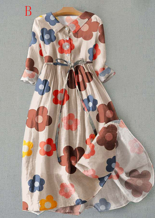 Bohemian Peter Pan Collar Print Lace Up Cotton Dress Summer