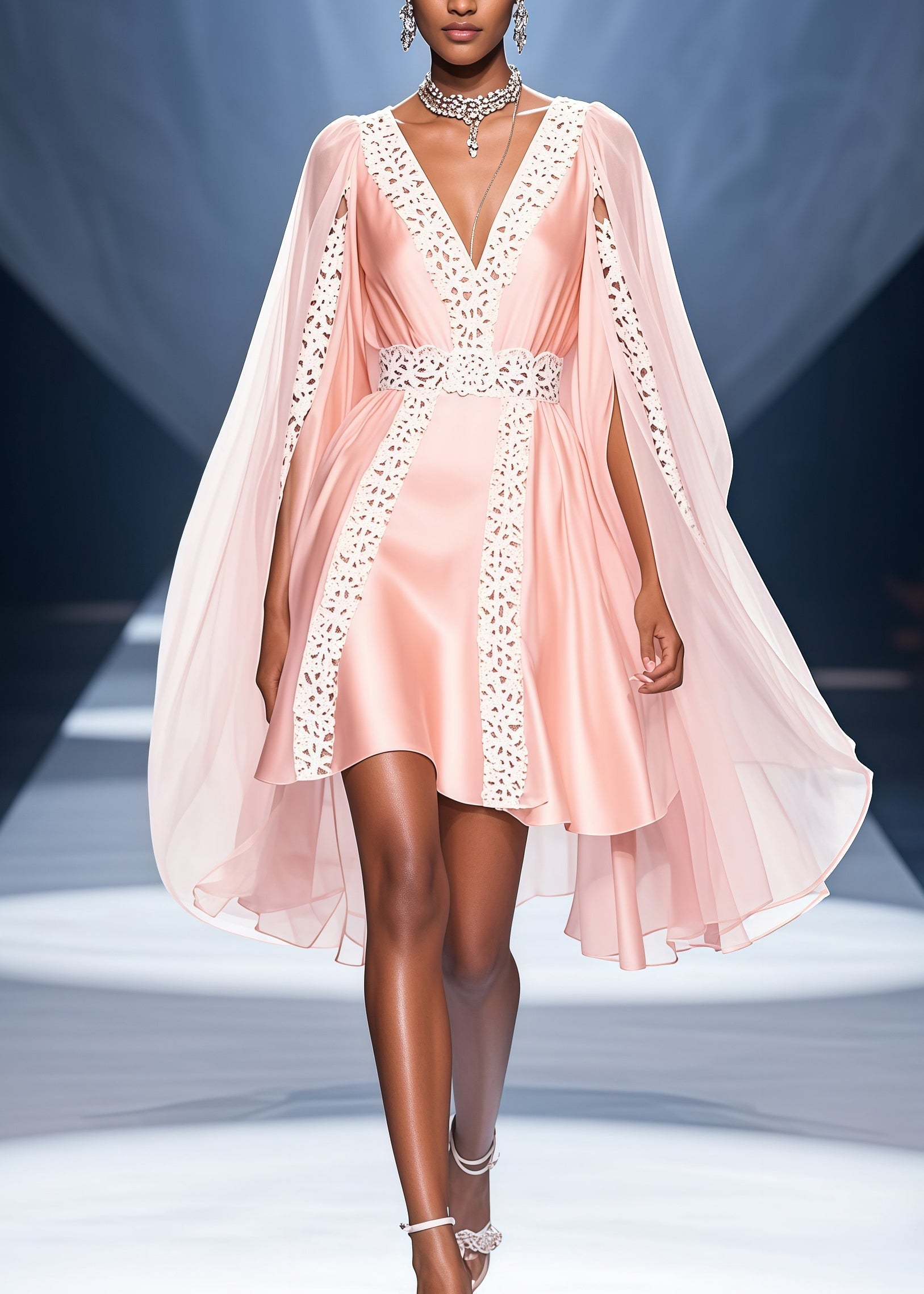 Bohemian Pink V Neck Lace Patchwork Cloak Silk Party Dress Summer