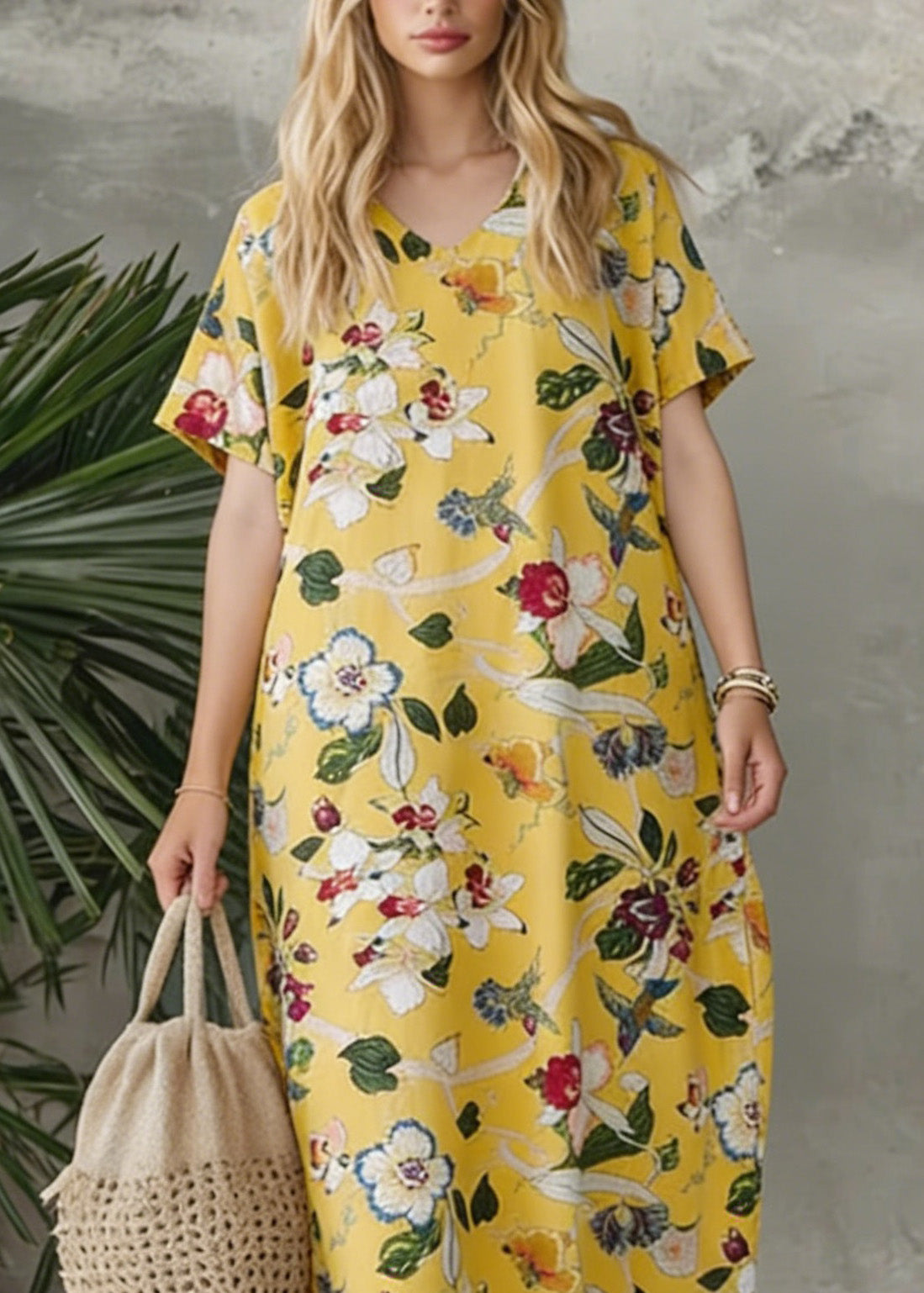 Bohemian Yellow V Neck Print Loose Cotton Dress Summer