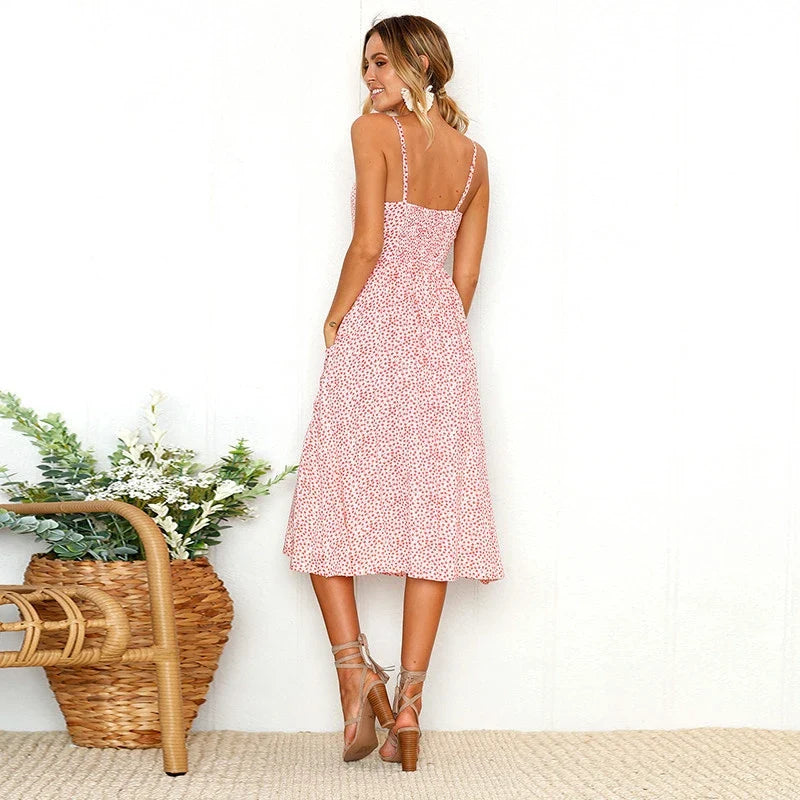 Bohemian Floral Suspender Small Vneck Tie Midi Dresses