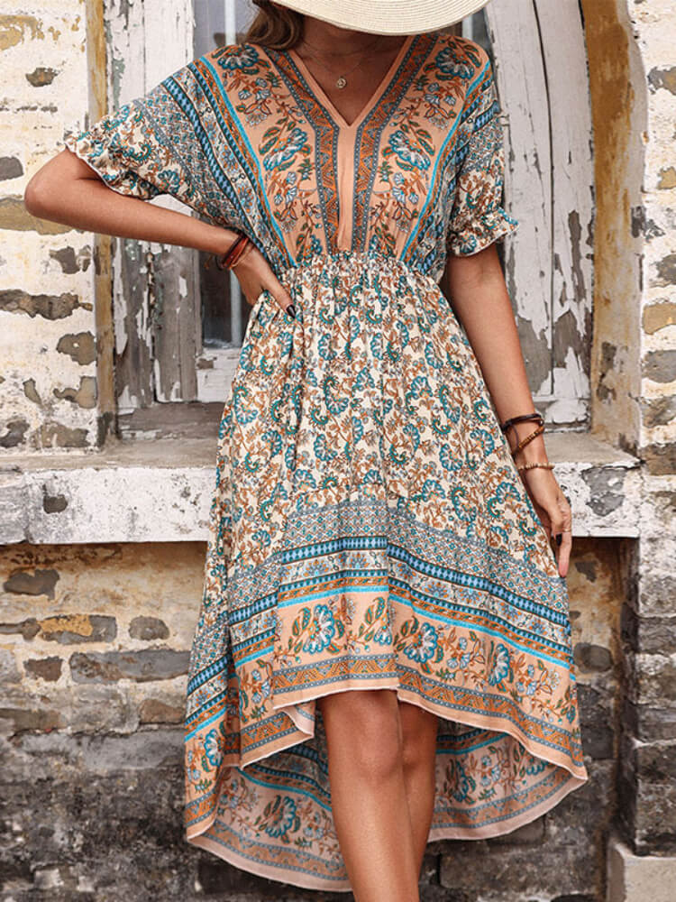 Bohemian High-Low Open Back Midi Dress