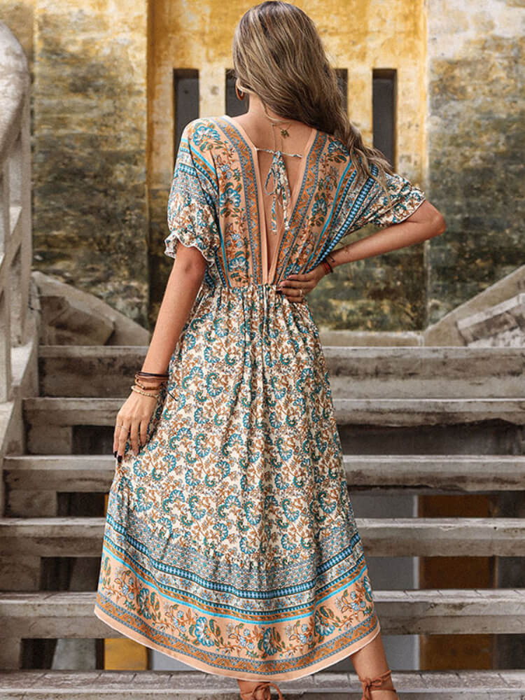 Bohemian High-Low Open Back Midi Dress