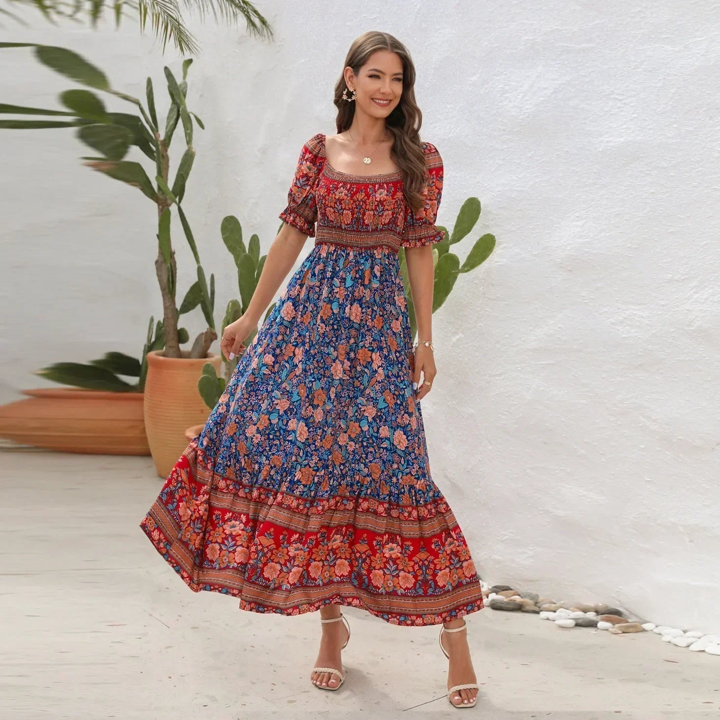 Casual Midi Sexy Elegant Beach Vacation Boho Dress Blue / S