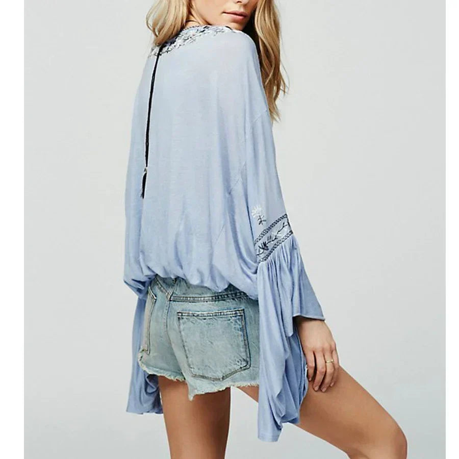 Floral Embroidered Flare Sleeve V-Neck Casual Boho Blouse