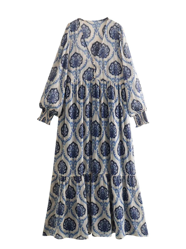 Blue Floral Printed Long Sleeve V-Neck Boho Blouse Dress / XS bohoblouse-250126