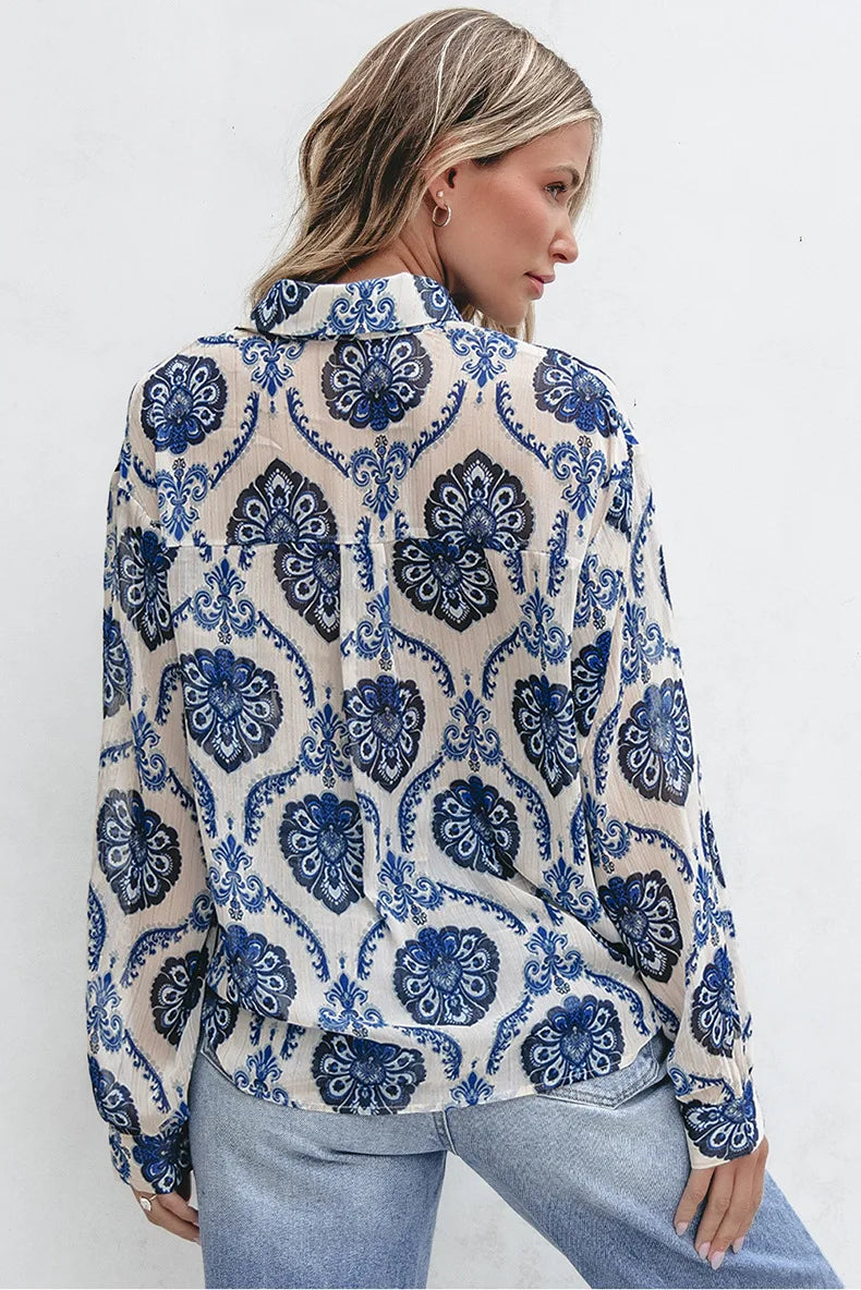 Blue Floral Printed Long Sleeve V-Neck Boho Blouse