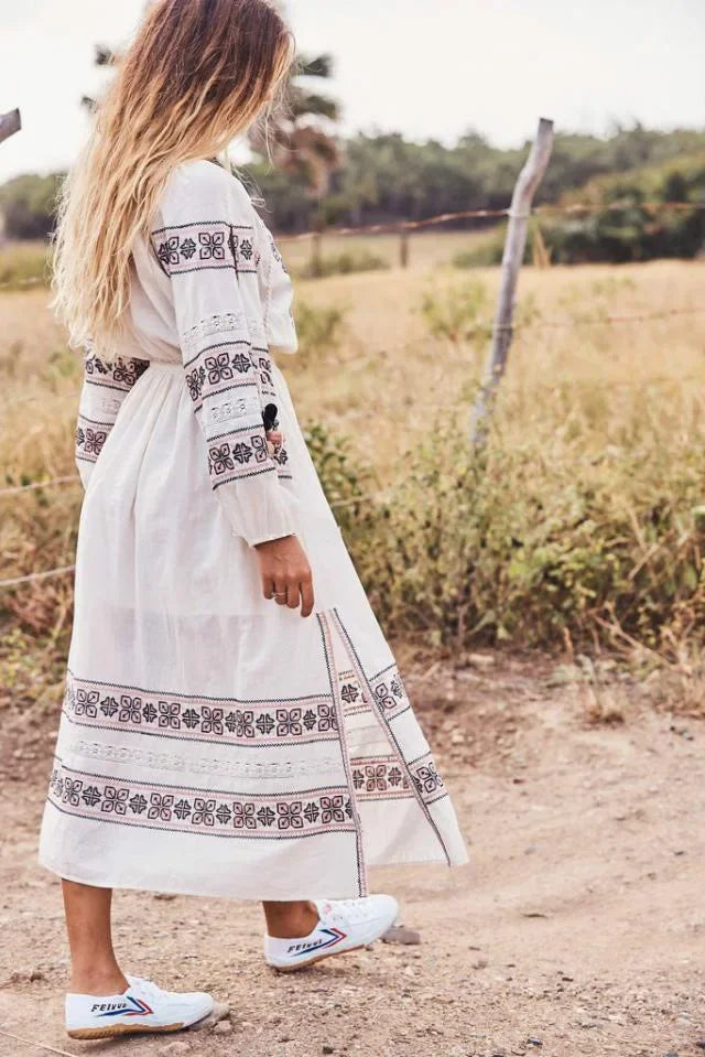 Boho Blue/White Cotton Rayon Maxi Dress