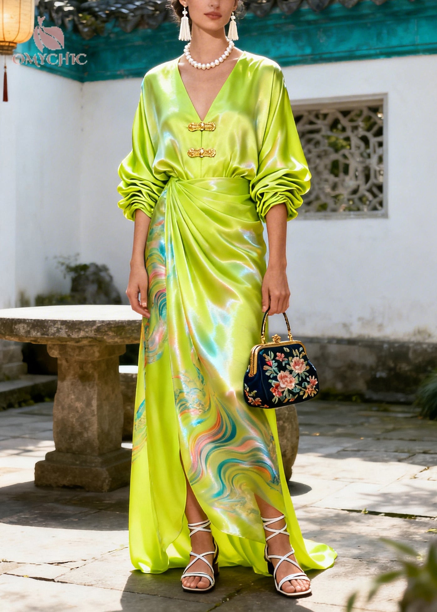 Boho Green Print Chinese Button Silk Maxi Dresses Summer