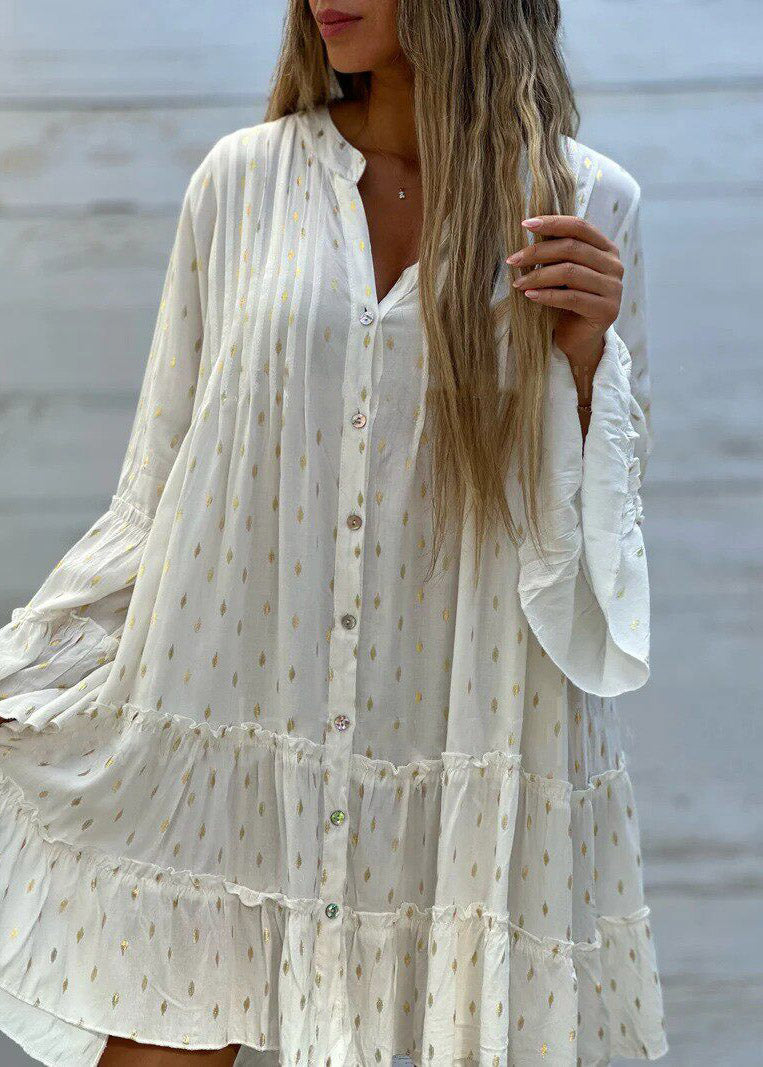 Boho Green Ruffled Patchwork Mid Dress Flare Sleeve