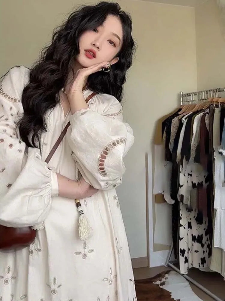 Korean Style Vintage Long Sleeve VNeck Boho Hollow Out Maxi Dress