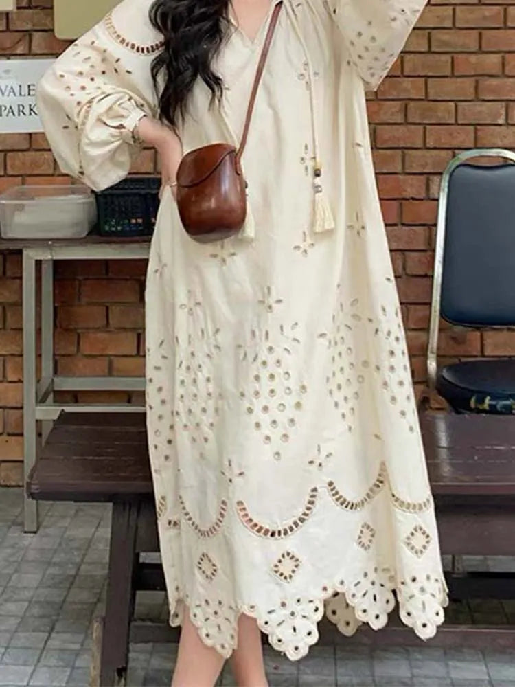 Korean Style Vintage Long Sleeve VNeck Boho Hollow Out Maxi Dress