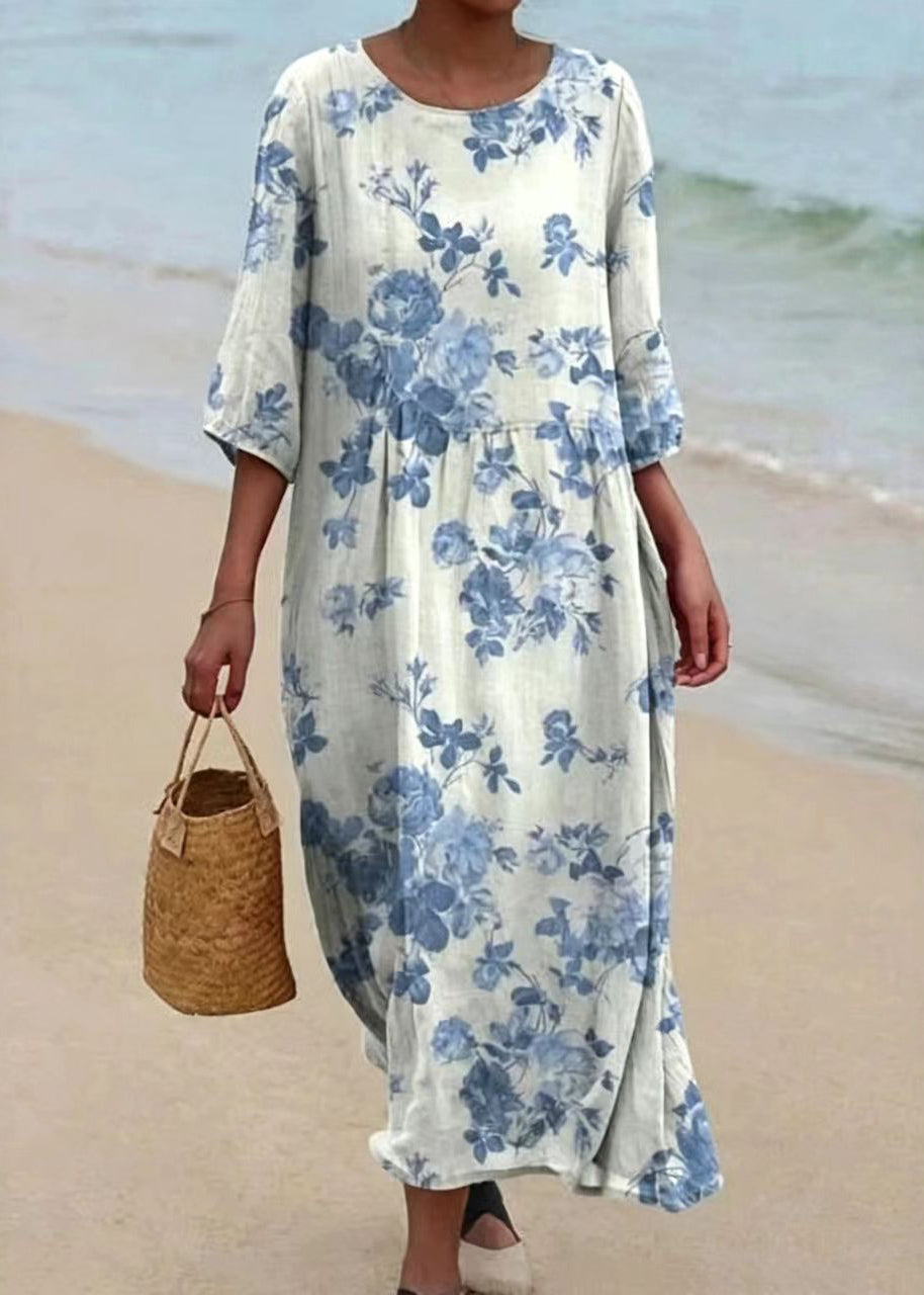 Boho O Neck Print Patchwork Cotton Long Dresses Summer
