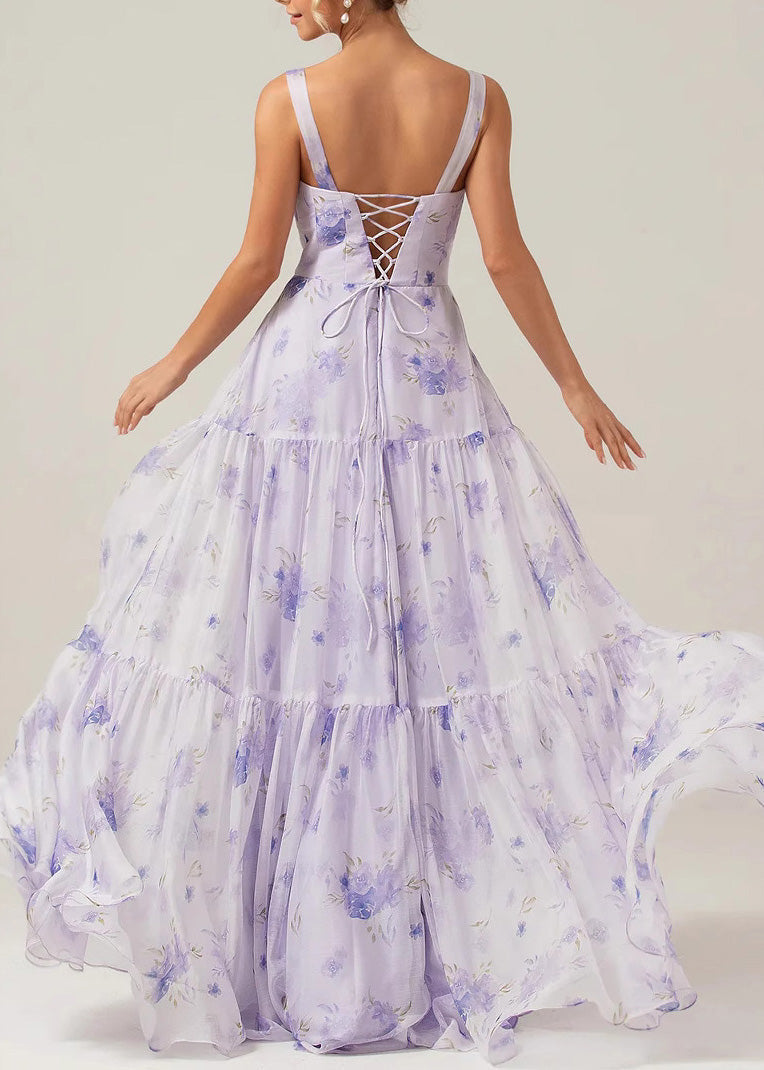 Boho Purple Print Lace Up Chiffon Long Dress Summer