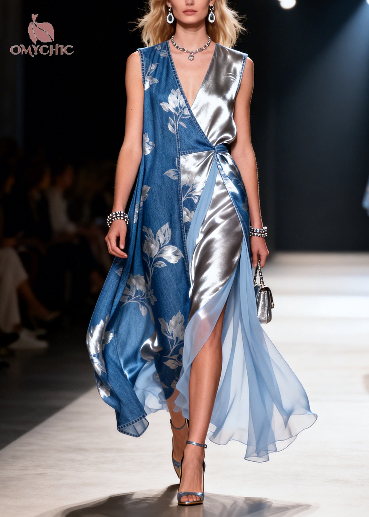 Boutique Blue Asymmetrical Patchwork Print Denim Cami Dress Summer