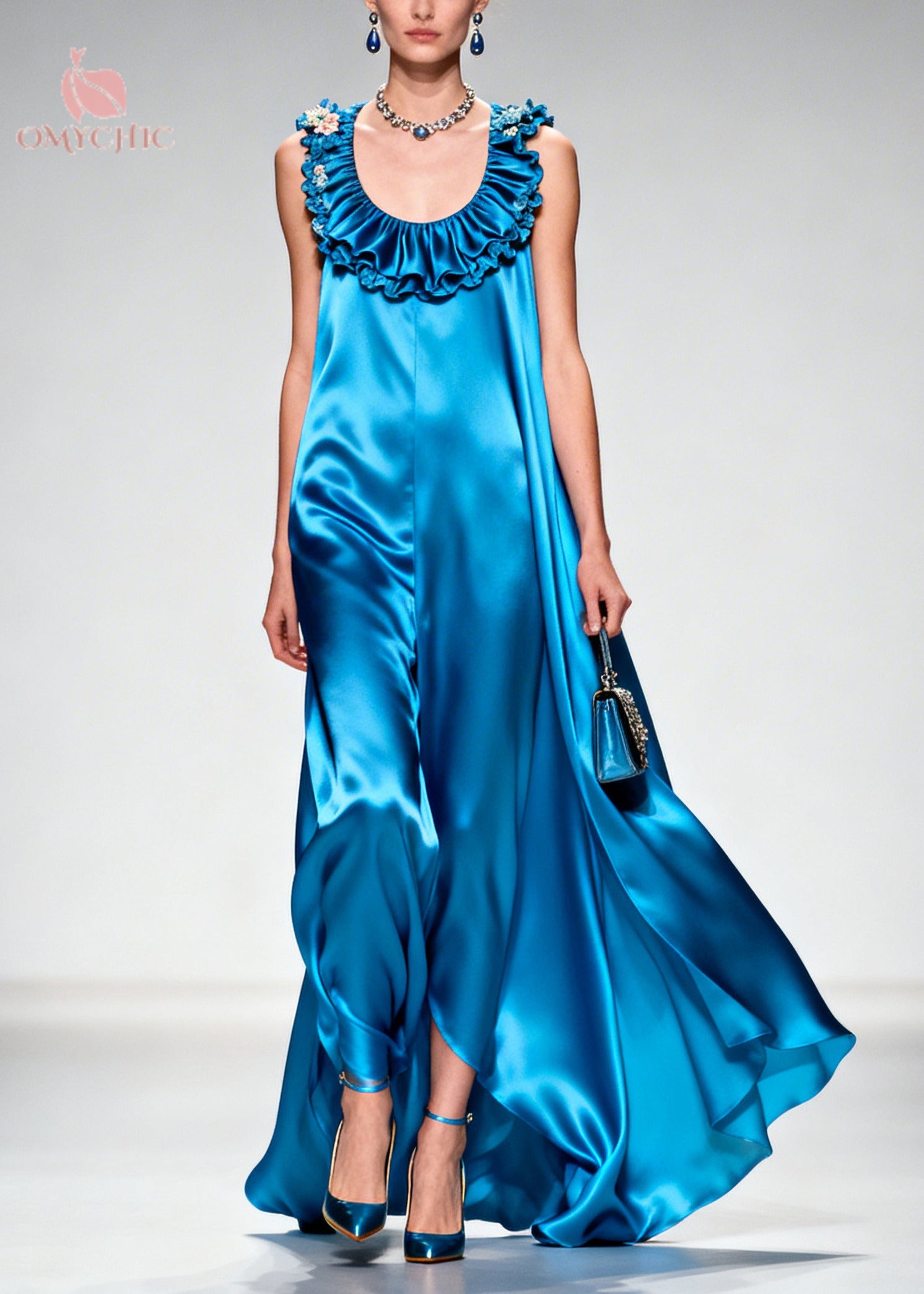 Boutique Blue Ruffled Exra Large Hem Silk Long Dress Summer