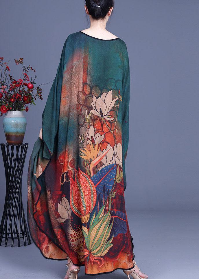 Boutique Green Print Button Retro O-Neck Summer Silk Dresses
