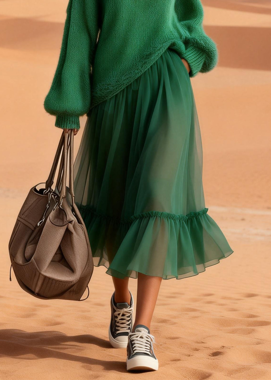 Boutique Green Turtleneck Knit Blended Patchwork Tulle Maxi Dress Lantern Sleeve