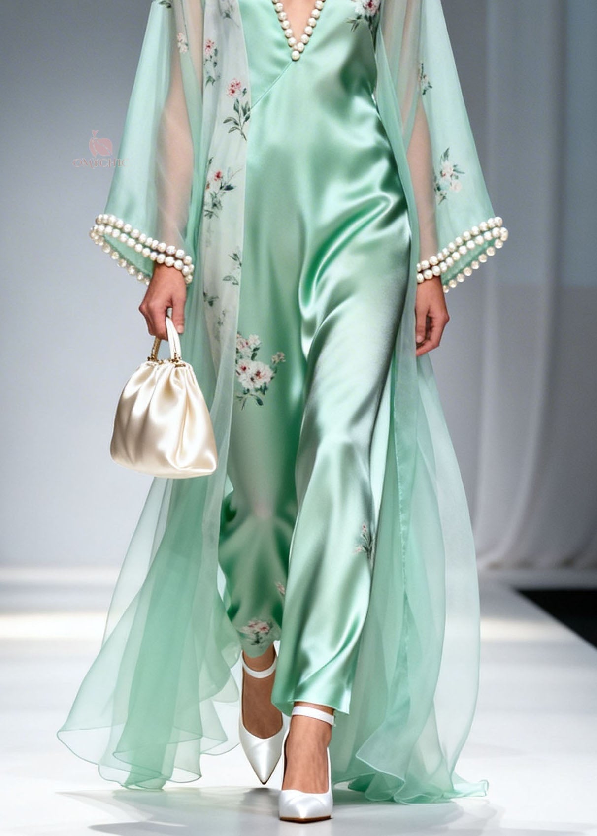 Boutique Green V Neck Nail Bead Silk Long Dress Summer