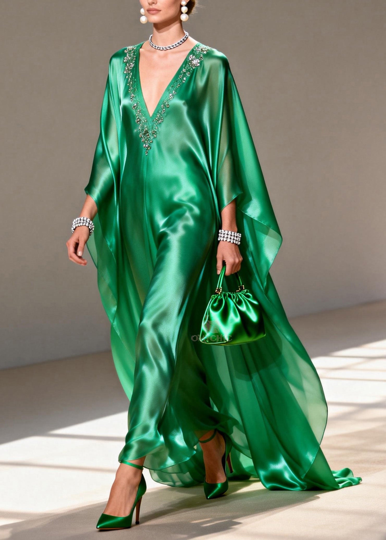Boutique Green V Neck Zircon Silk Long Dress Spring