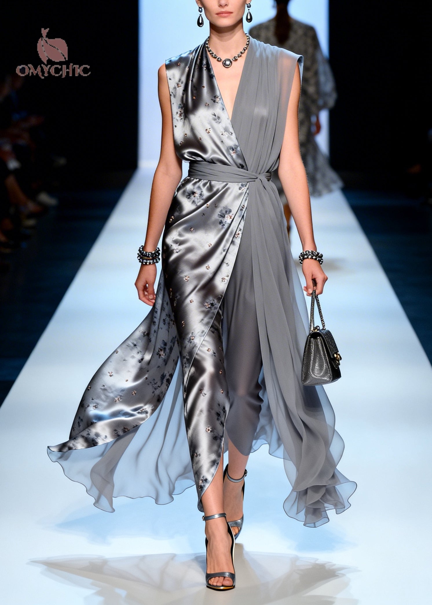 Boutique Grey Asymmetrical Print Chiffon Tunic Dress Summer