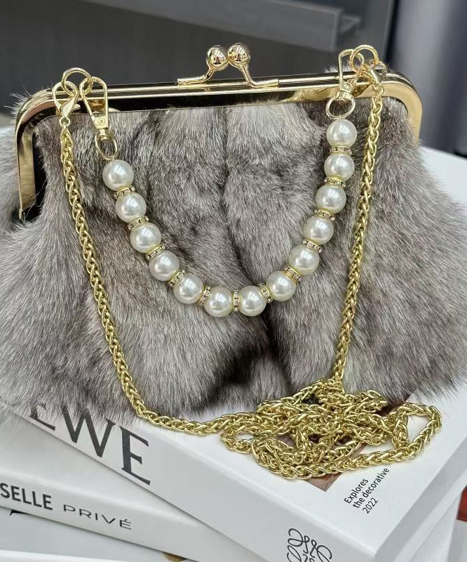Faux Fur Pearl Handle Chain Kiss Lock Clutch Bag