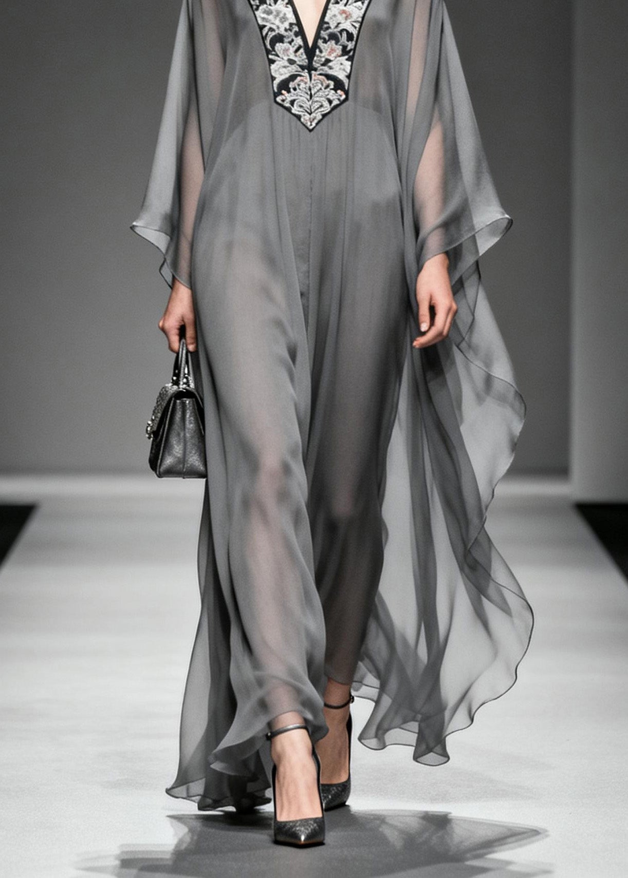 Boutique Grey V Neck Print Patchwork Chiffon Dress Spring