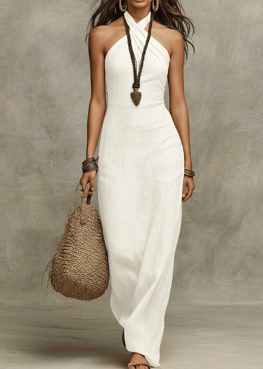 Boutique Khaki Halter Silm Fit Cotton Long Dresses Summer