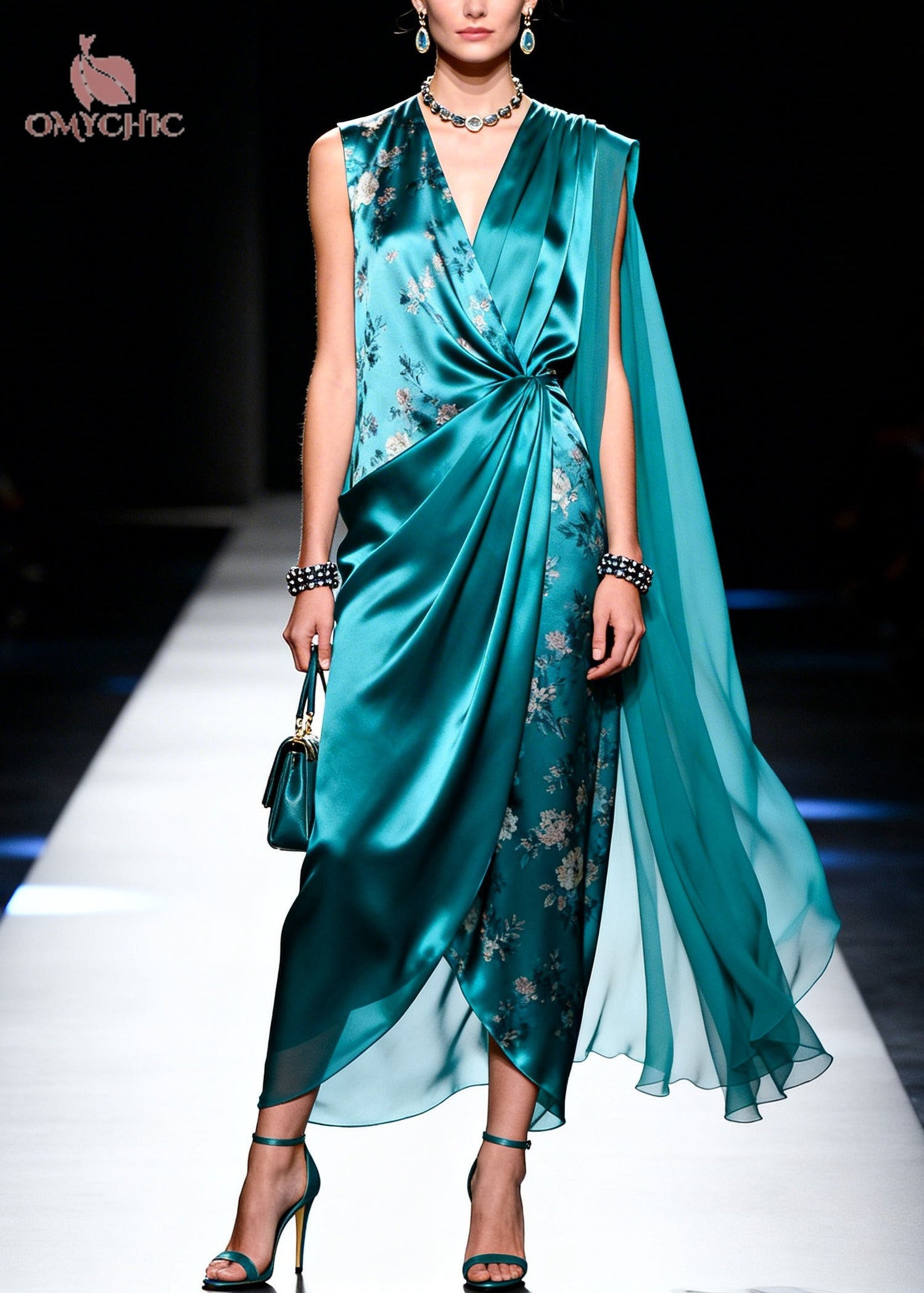Boutique Peacock Green Asymmetrical Design Print Chiffon Dresses Summer