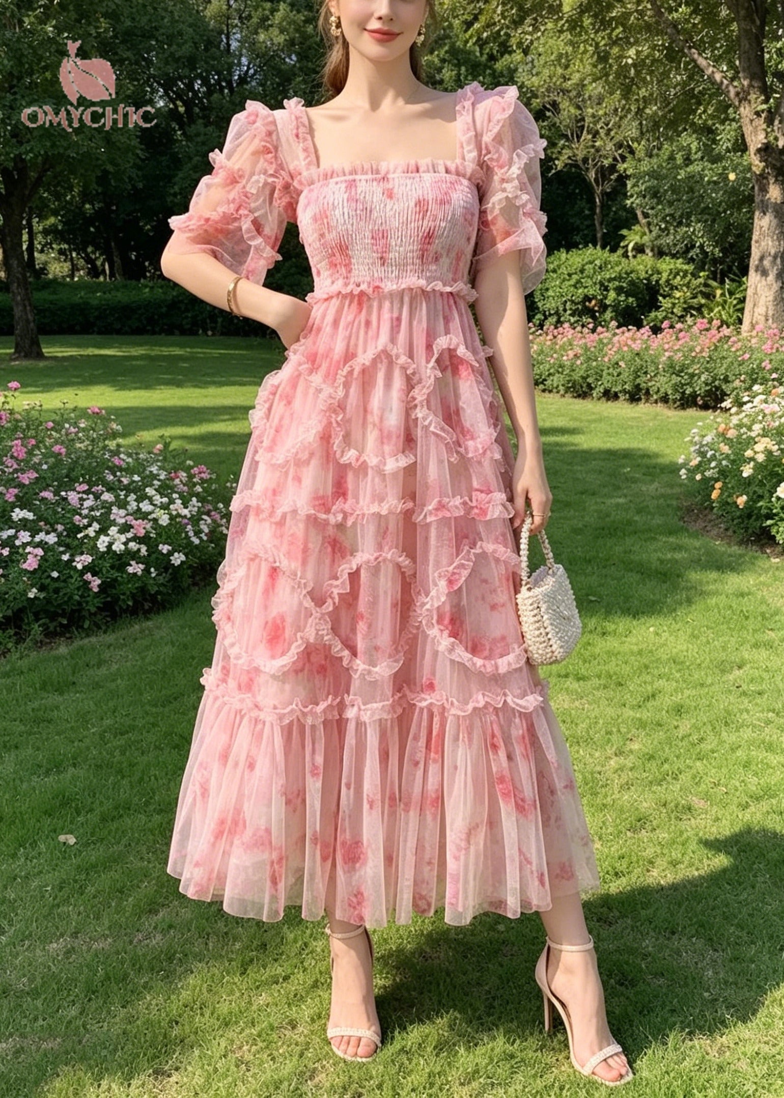 Boutique Pink Ruffled Print Chiffon Vacation Dresses Summer