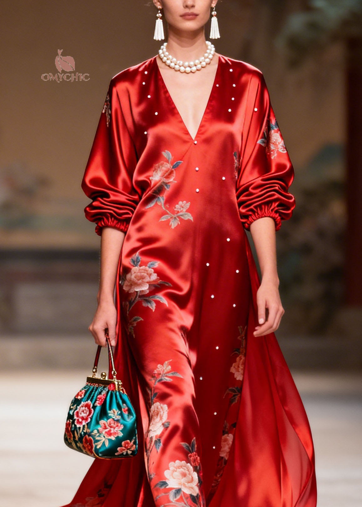 Boutique Red V Neck Nail Bead Print Silk Robe Dresses Summer