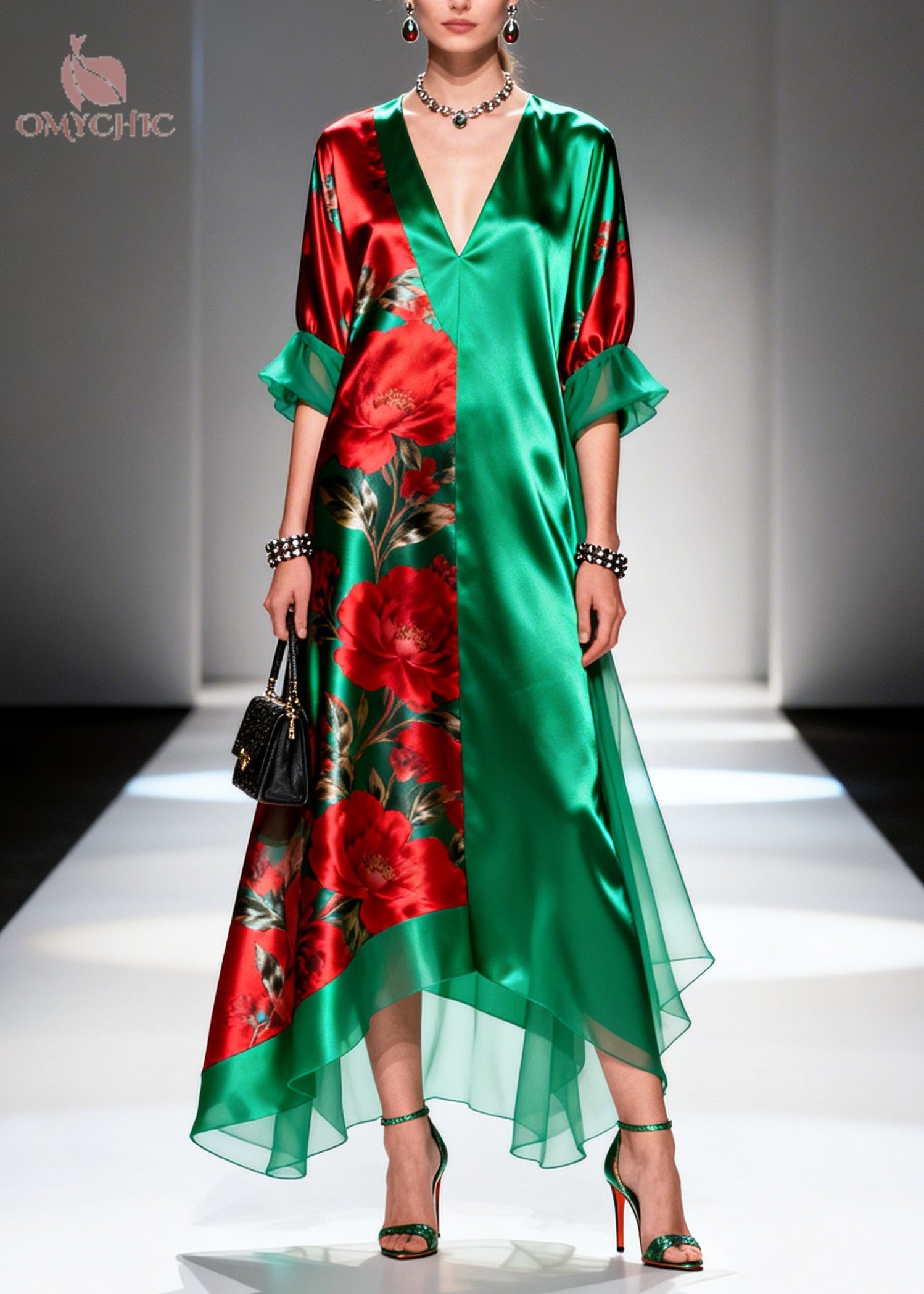 Boutique Tea Green Oversized Print Silk Long Dress Summer