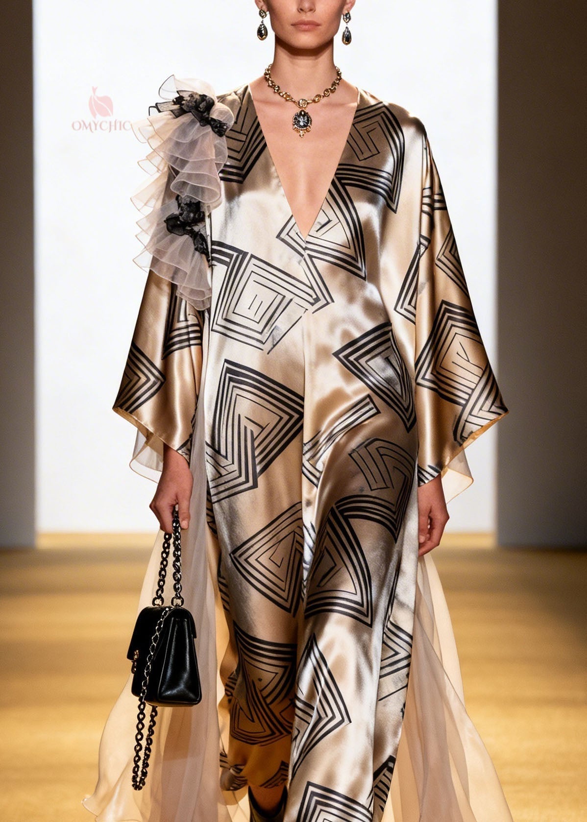 Boutique V Neck Ruffled Patchwork Print Silk Dress Spring