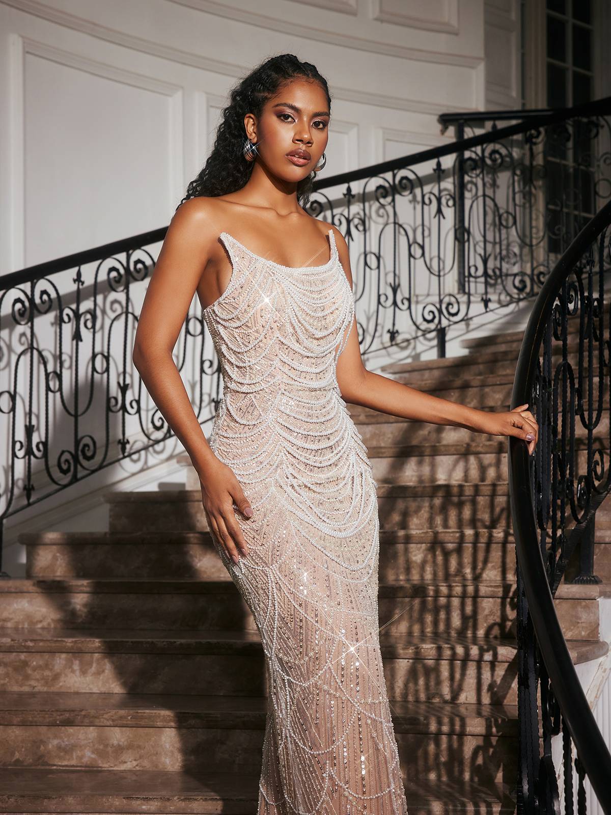 Strapless Pearl Embellished Maxi Dress