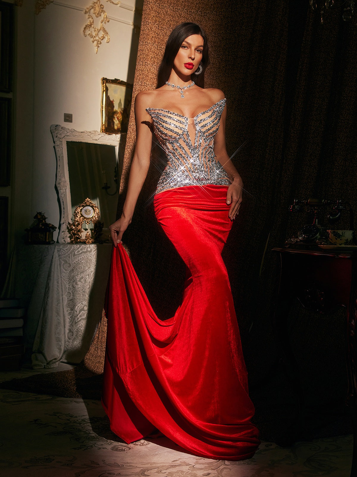 Strapless Sequin Ruched Mermaid Maxi Dress