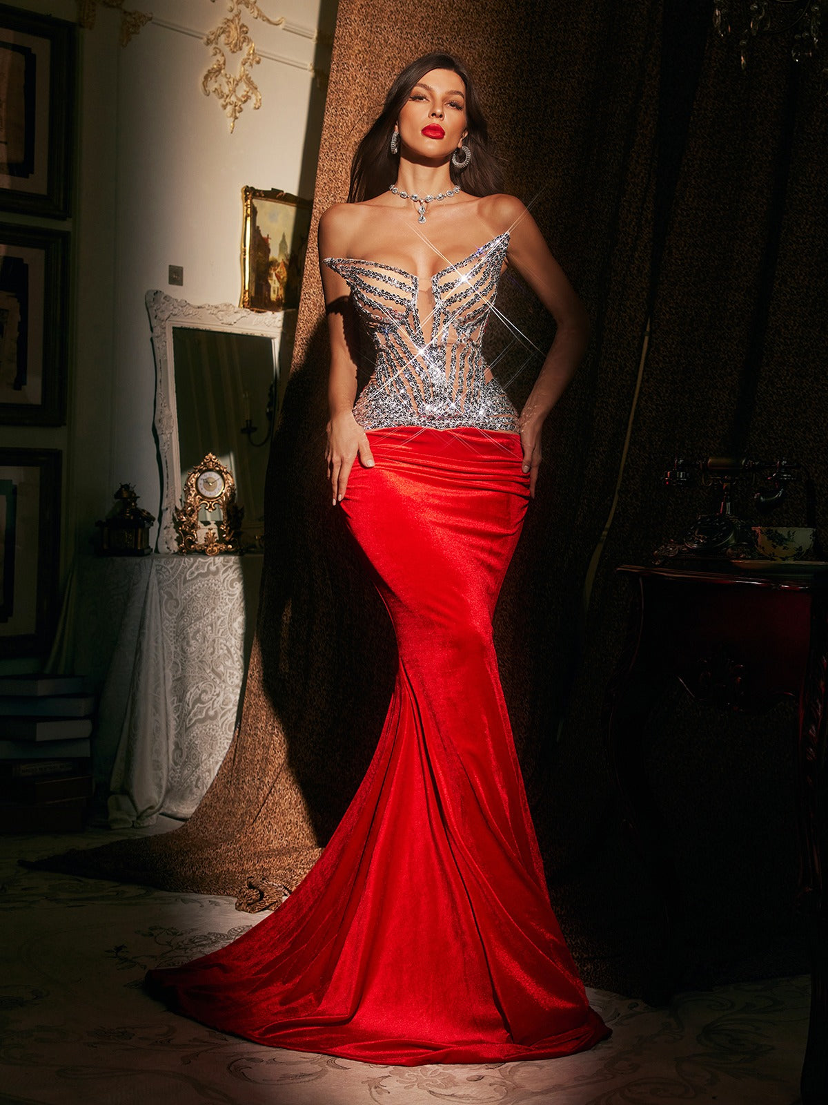 Strapless Sequin Ruched Mermaid Maxi Dress