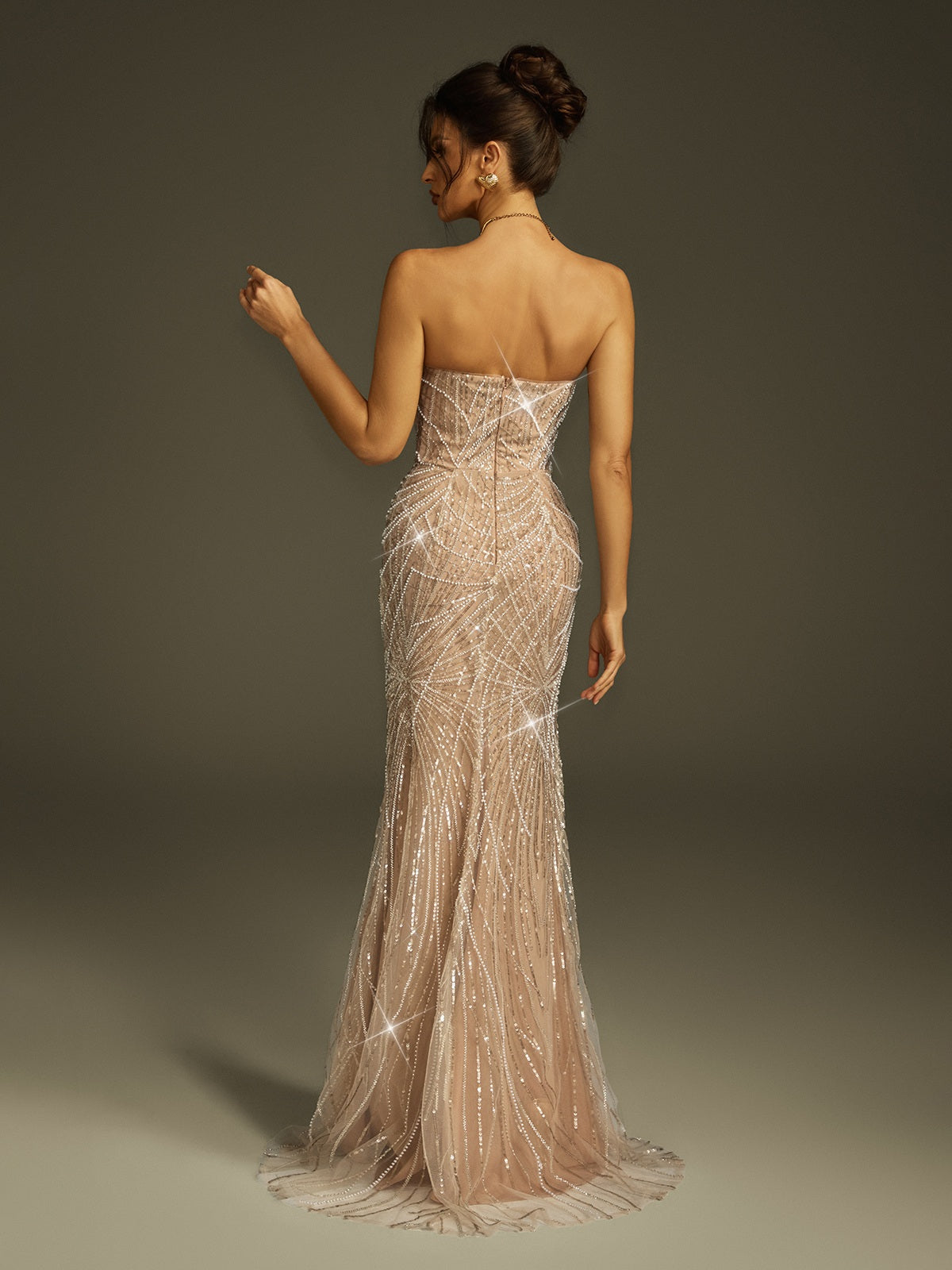 Strapless Pearl Sequin Split Maxi Dress