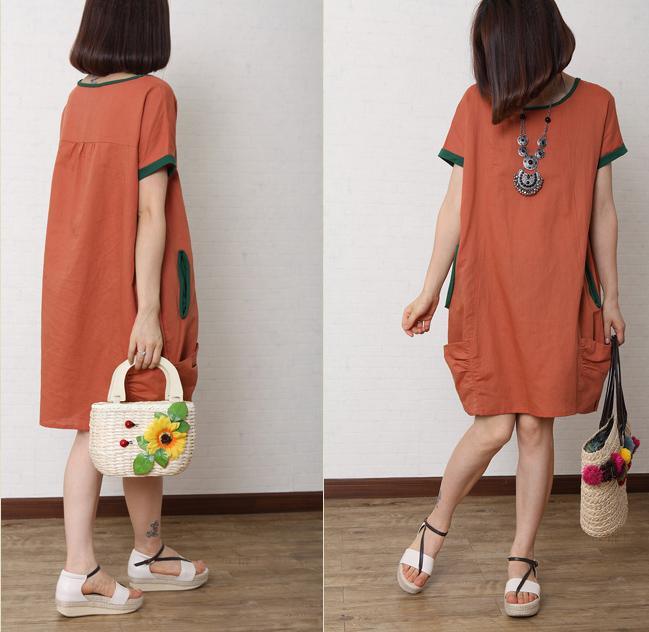 Brick red summer cotton dress short sleeve linen shift dress