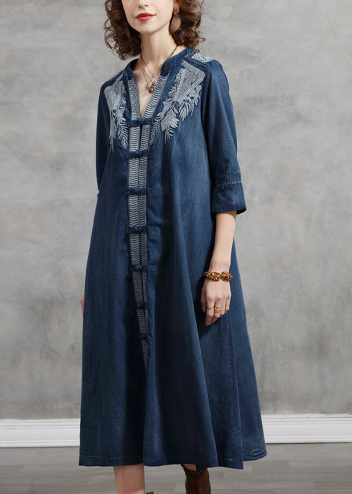 Brief Blue V Neck Print Cotton A Line Dress Half Sleeve