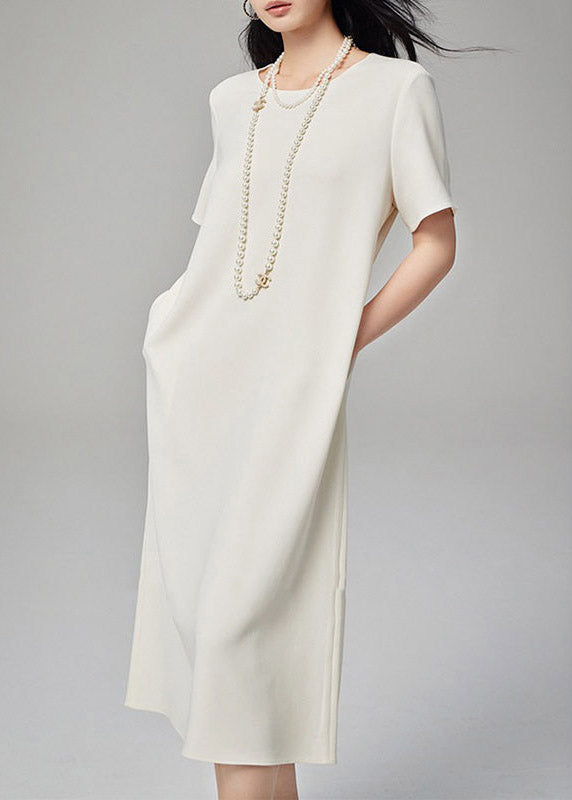 Brief White O-Neck Patchwork Pockets Long Dresses Short Sleeve